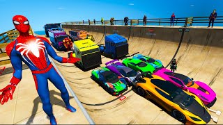 GTA V Hard Triple Ramps jumping with Spiderman Superheroes & Supercars! Rampa Perigosa