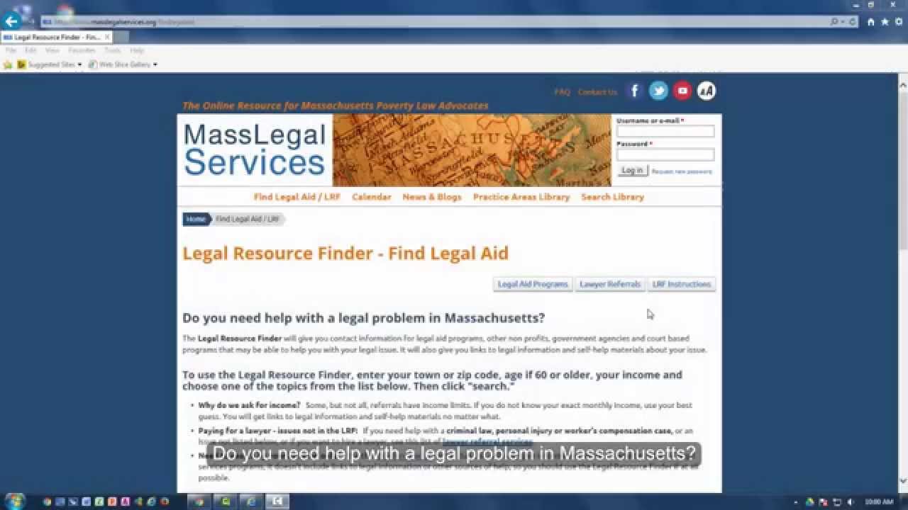 Using the Massachusetts Legal Resource Finder YouTube