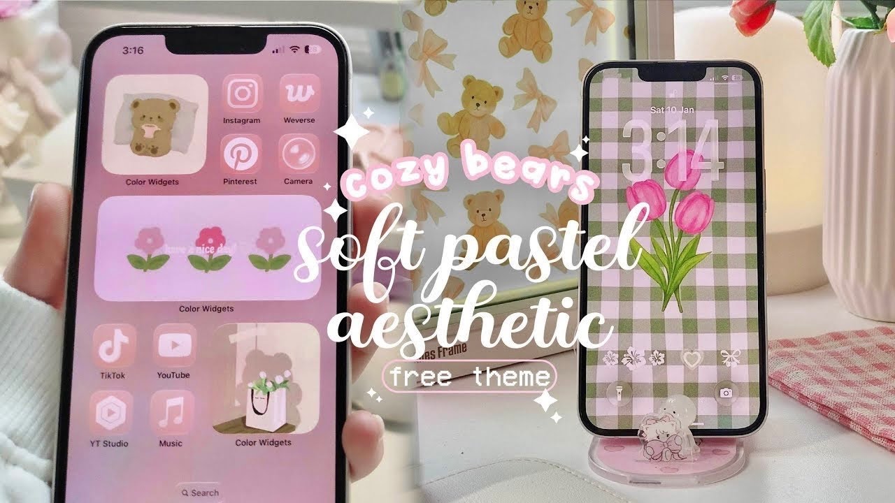 DREAMY PINK iPHONE THEME 💌 cozy bears & flowers aesthetic 🐻🌷cute cozy setup ☁️ CUSTOMIZE WITH ME ♡