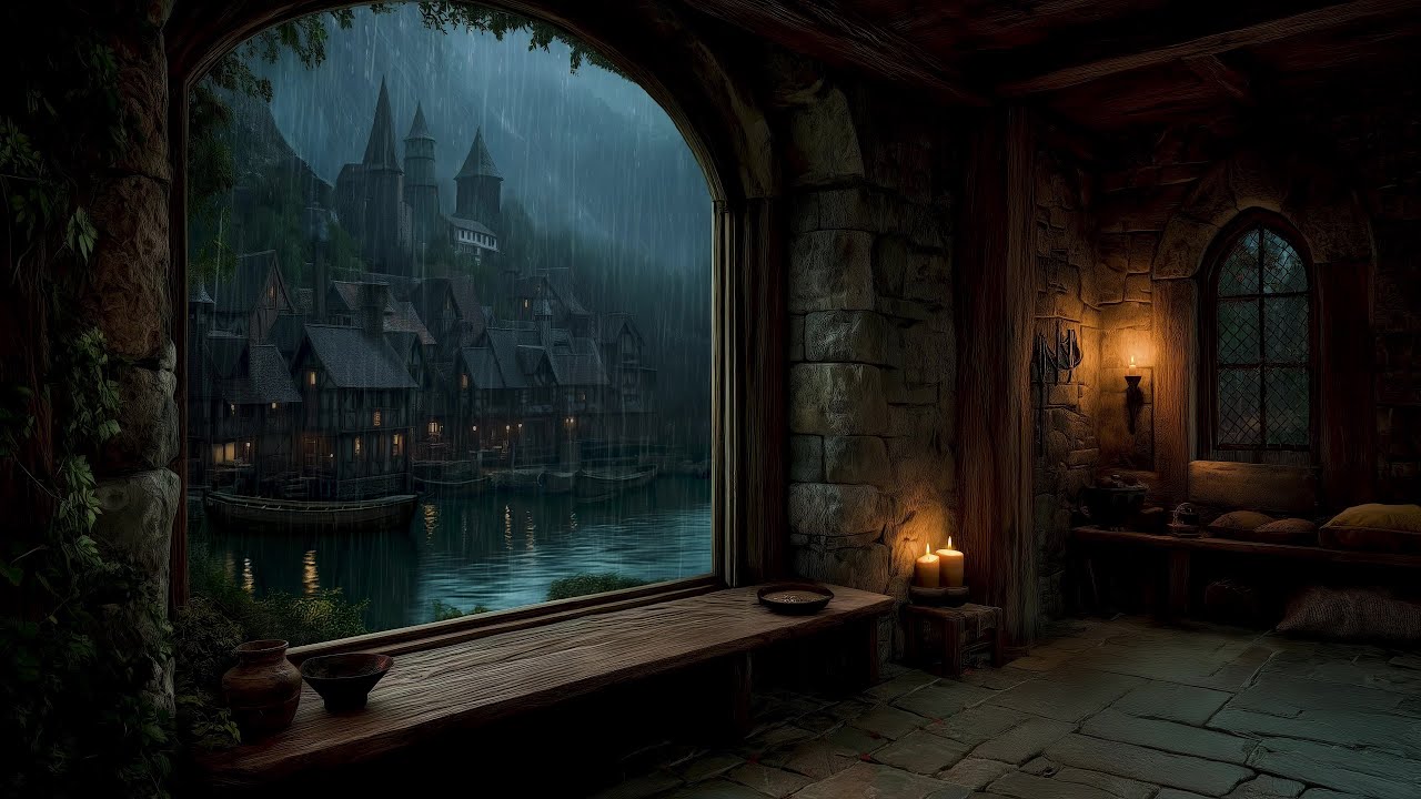 Sound of Rain and Thunder from Window with Castle View - Beat insomnia and Relaxation