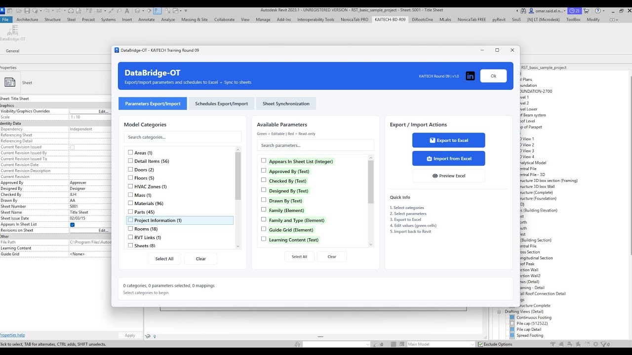 DataBridge-OT | Automate Parameters from Revit to Excel  Free| Complete Tutorial