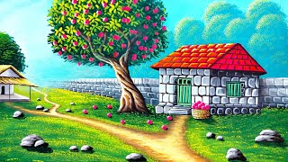 Painting of a stone house and appale tree with a beautiful nature | painting 523