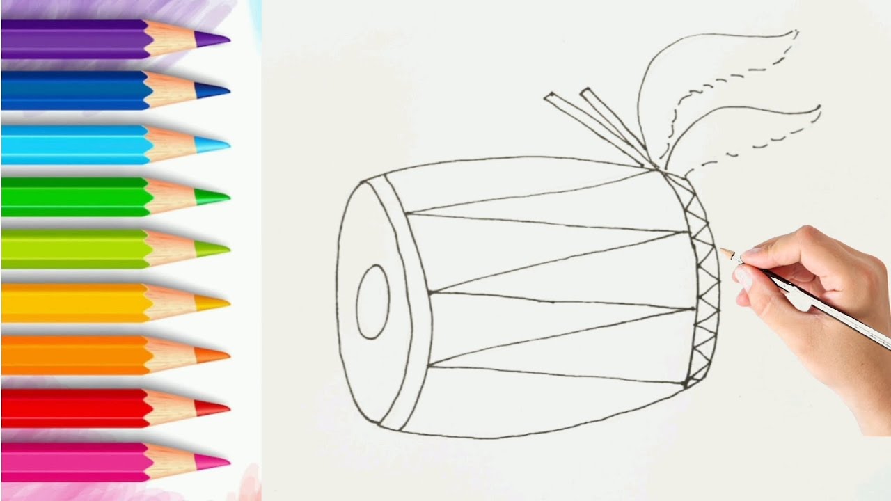 Dhak Drum Drawing Tutorial (Step-by-Step)for beginners -preschool Durga Puja special