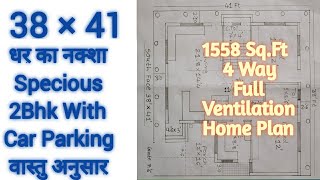 38×41 House Plan,38×41 Ghar Ka Naksha,2Bhk With CarParking,South Face Vastu HousePlan,Makan KaNaksha