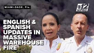 Aerial units battle intense warehouse flames in Miami‑Dade; English & Spanish update included