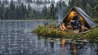 Rainy Camping & Fishing on a Wild Lake with My Dog | Bushcraft