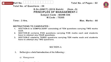 BSC HMCT 5TH SEM PRINCIPLES OF MANAGEMENT 1ST MAY 2019 | PTU