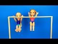 Elsa and Anna toddlers learn gymnastics - new tricks - Barbie is the coach - exercises