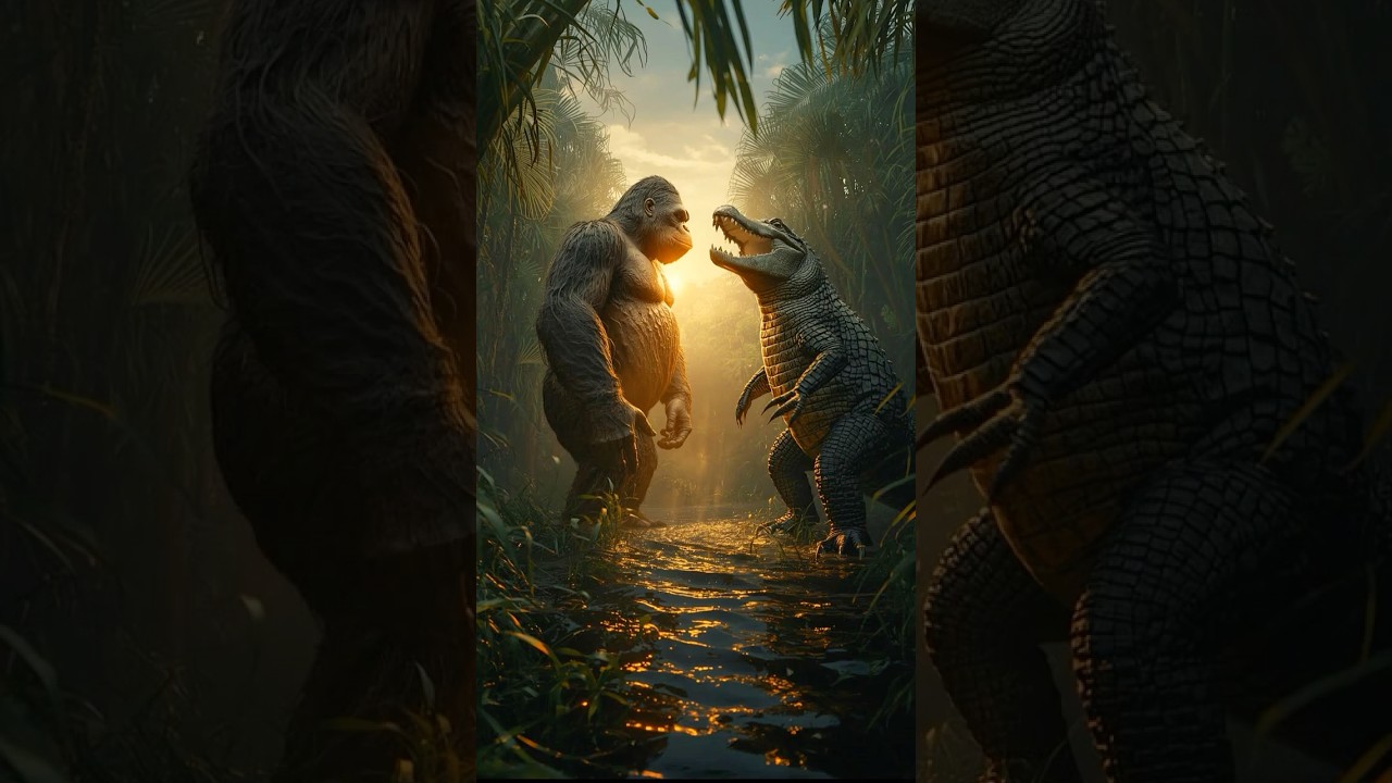 King Kong Knocks Out the Prehistoric Crocodile in the Swamp「キングコングが古代のワニをノックアウト