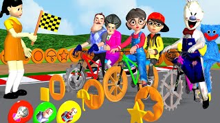 Scary Teacher 3D vs Squid Game Race Bike Circle Balloon Mask and Honeycomb Candy Nick and Tani Win