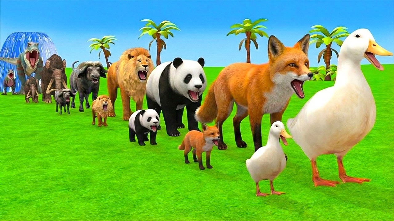 Long Slide Game With Elephant Gorilla Buffalo Hippopotamus Tiger - 3d Animal Game - Funny 3d Animals