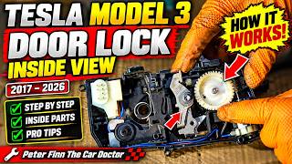How works Tesla Model 3 door lock Inside view. Years 2017 - 2026