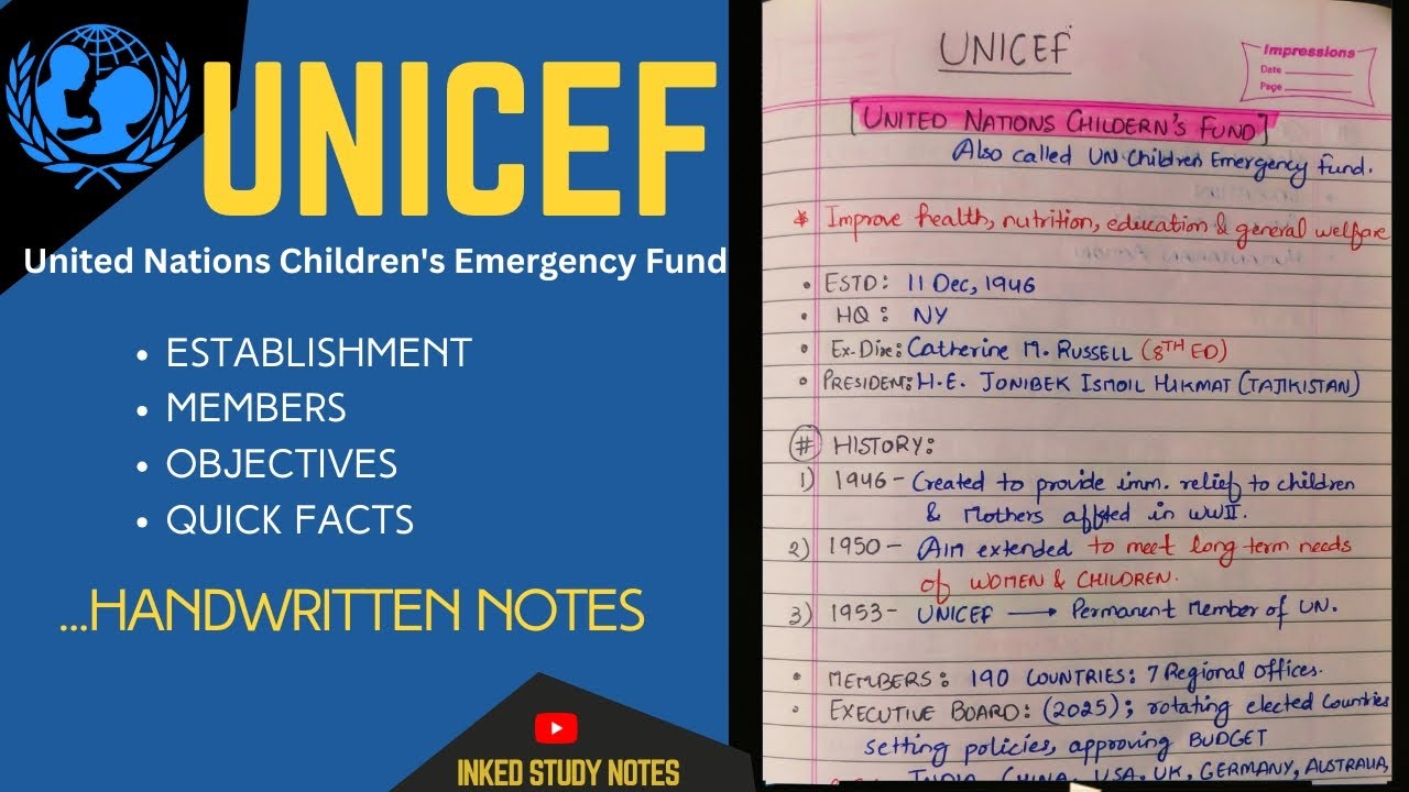 UNICEF | United Nations Children's Fund | Static GK | International Organisation | Inked Study Notes