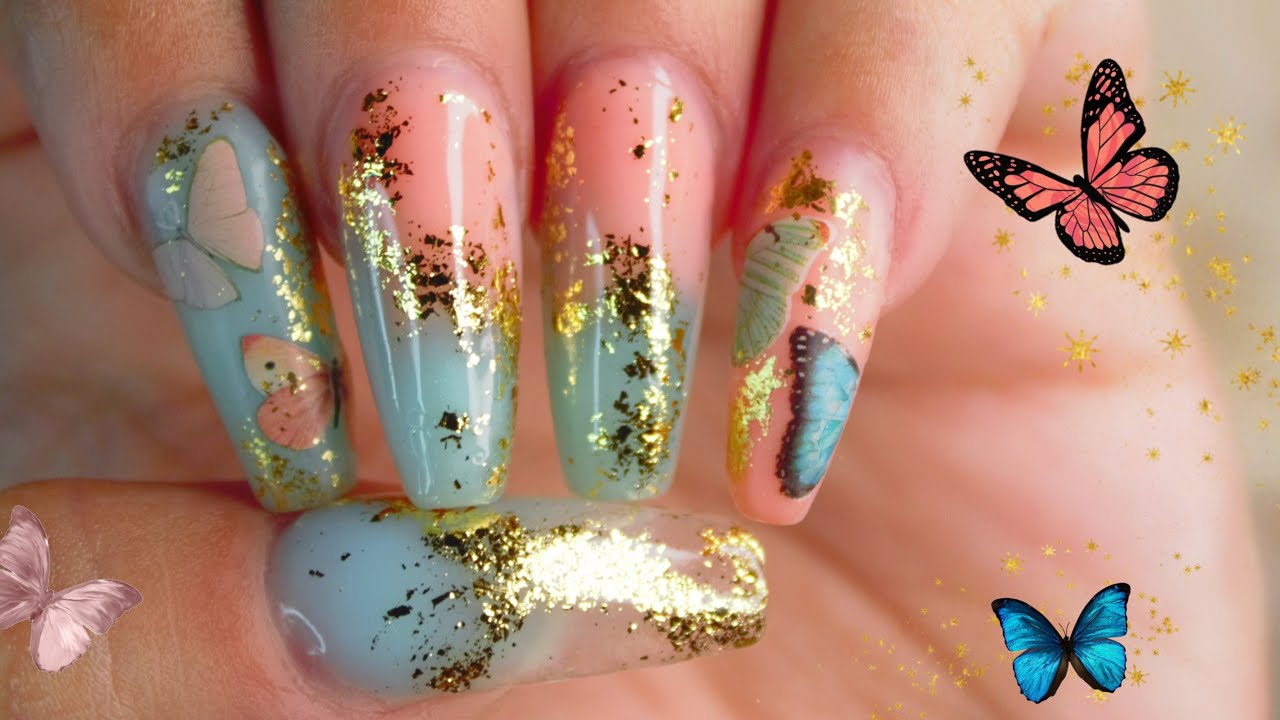 New Gershion Blue Polygel Kit Butterflies And Gold Leaf Peach Mint Nails Youtube