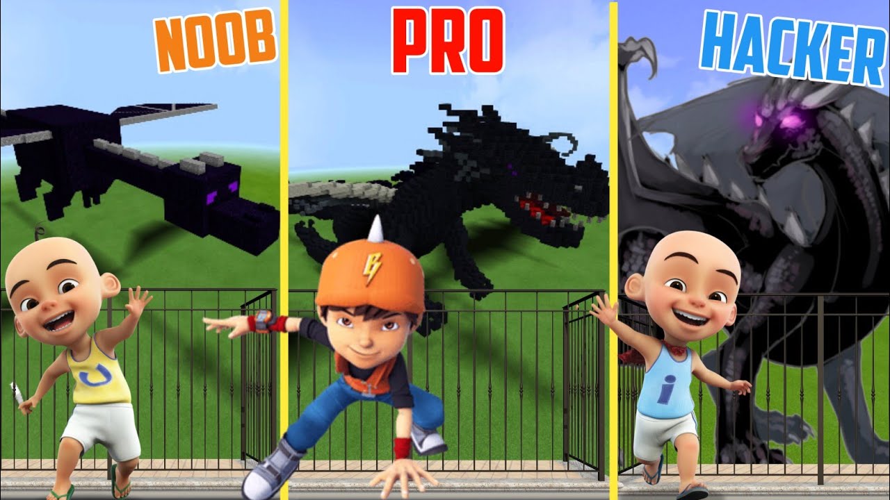 Download Minecraft Noob vs Pro vs Hacker : Boboiboy dan Upin Ipin Membuat Kandang Ender Dragon