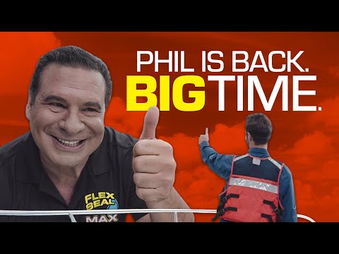 Larger-than-life Phil Swift repairs massive damage to demonstrate the maximum coverage and sealing power of our bigger Flex Max products.