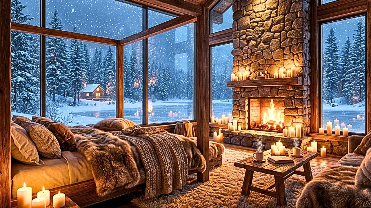 Soft Jazz Music ❄️ Relaxing Piano Jazz & Cozy Fireplace Ambience ❄️ Winter Cabin for Study & Sleep