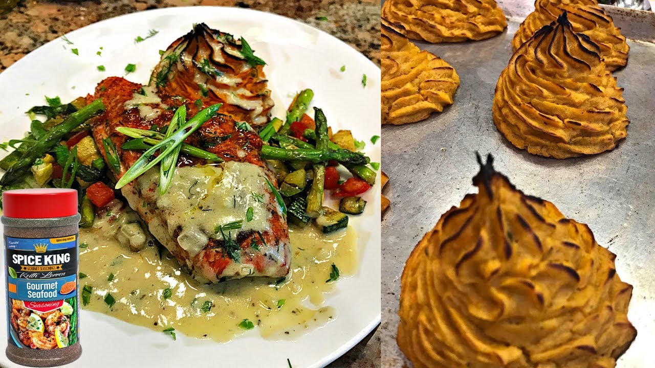 Oven BBQ Salmon, Duchess Sweet Potato, Horseradish Cream Sauce YouTube
