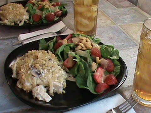 Chicken Tetrazzini With Baby Greens and Strawberry Salad