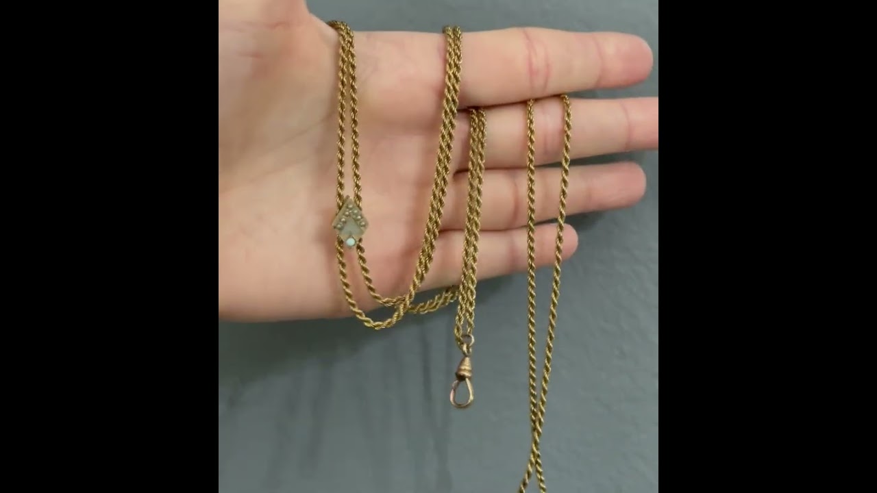 Antique 10K Gold Opal Pearl Slider Muff Guard Chain Necklace