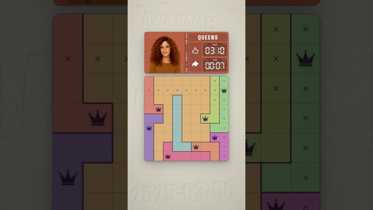 LinkedIn Queens #310 solved board for March 6, 2025, 9x9 grid