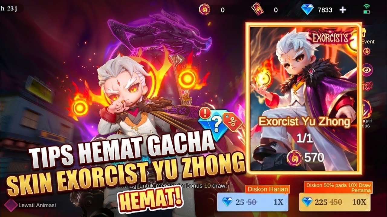 Panel draw Exorcist Yu Zhong di Magic Chess Go Go dengan harga 1x dan 10x serta diskon 50%