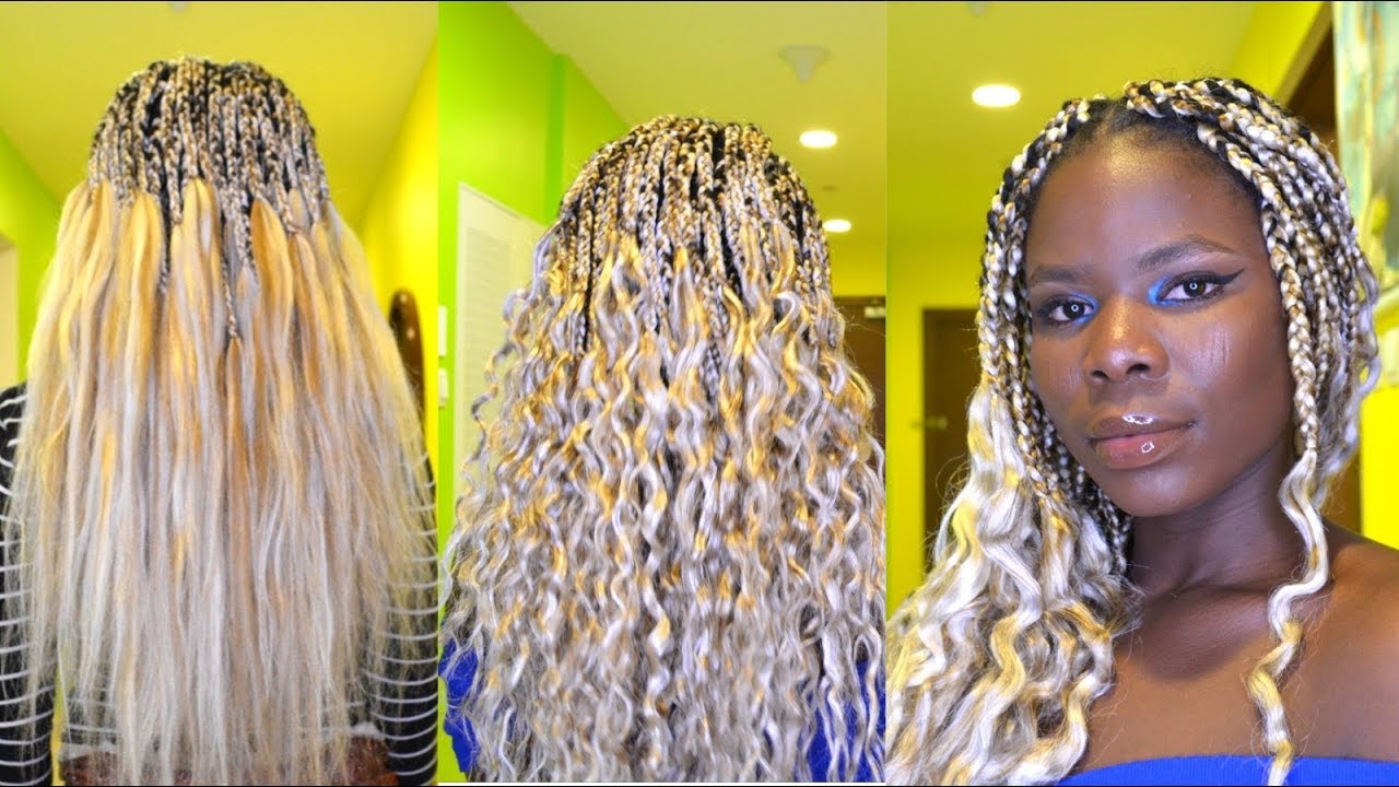 box braids with curly ends, box braids on yourself, goddess braids on natur...