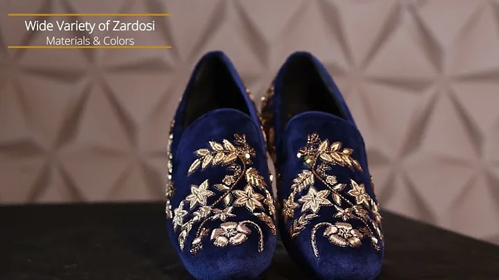 WEDDING FLORAL PATTERN GOLDEN HAND ZARDOSI BLUE ITALIAN VELVET SLIP-ON SHOES BY BRUNE & BARESKIN