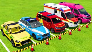 AUDI, MERCEDES, VOLKSWAGEN POLICE CARS & MERCEDES AMBULANCE EMERGENCY TRANSPORTING ! FS22