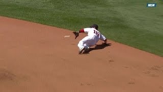 CLE@BOS: Pedroia dives to rob Kipnis of a hit