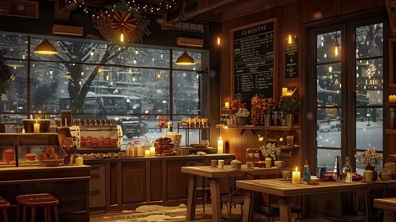 Gentle Winter Piano Music in Small Café with Snowfall for Study Inspiration Calm Healing Deep Relax