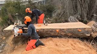 Cutting awesome live edge sycamore slabs using a Stihl 880 saw on a 56