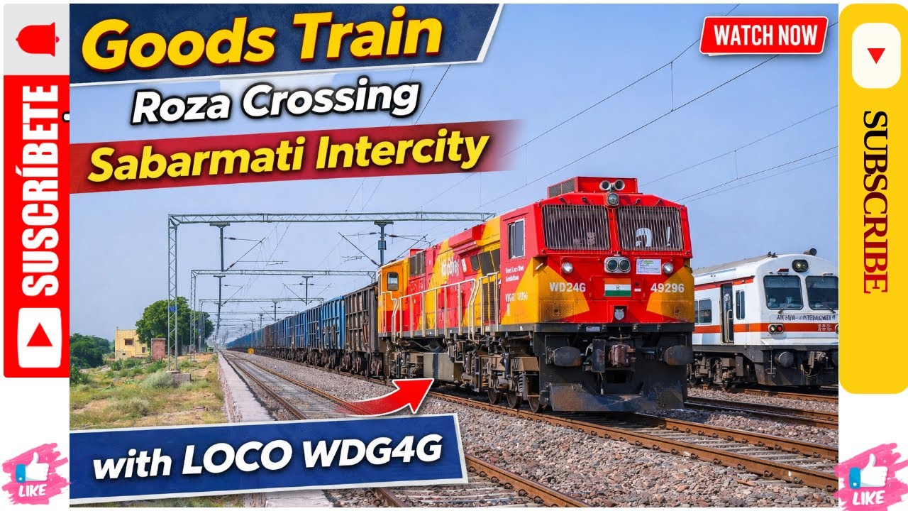 Goods train Roza crossing 🚂 Sabarmati Intercity with loco WDG4G 