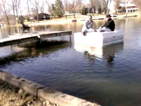 Homemade Raft Boat Made With Boxsprings and Water Bottles 