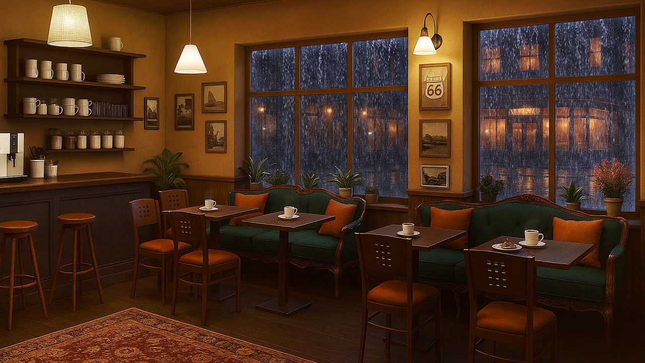Rainy Night at Coffee Shop Ambience with Relaxing Jazz Music &amp; Rain Sounds