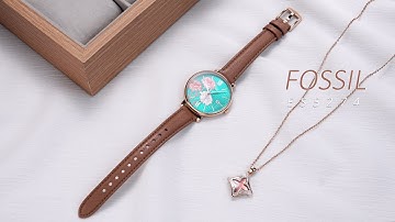 Review đồng hồ Fossil ES5274 nền mặt số tone màu xanh lá được thiết kế họa tiết hình hoa lá.