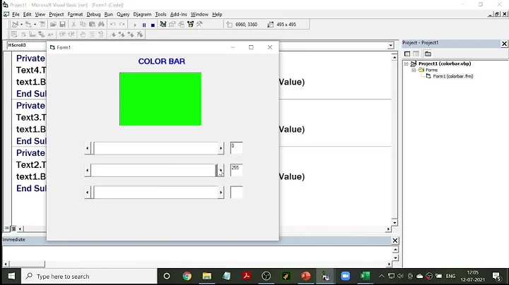 Program ColorBar to demonstrate Horizontal Scrollbar in VB