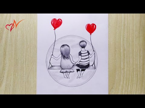 Little boy and girl sitting on a swing | Pencil sketch drawing for beginners