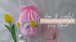 How to Crochet Drawstring Pouch Bag | Easy Crochet Tutorial | Cute Aesthetic mini Pouch 🌷