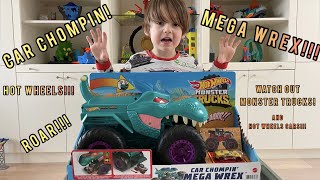 HOT WHEELS CAR CHOMPIN MEGA WREX! OPEN AND PLAY! LINCOLN ATTEMPTS TO TAME THIS NEW HOT WHEELS BEAST!