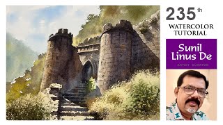 Watercolor landscape painting with an old fort | Simple watercolor technics | Sunil Linus De