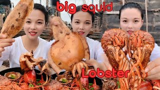 The female fishermen ate big lobster, big squid, king razor clam, and pipa shrimp #eatingshow