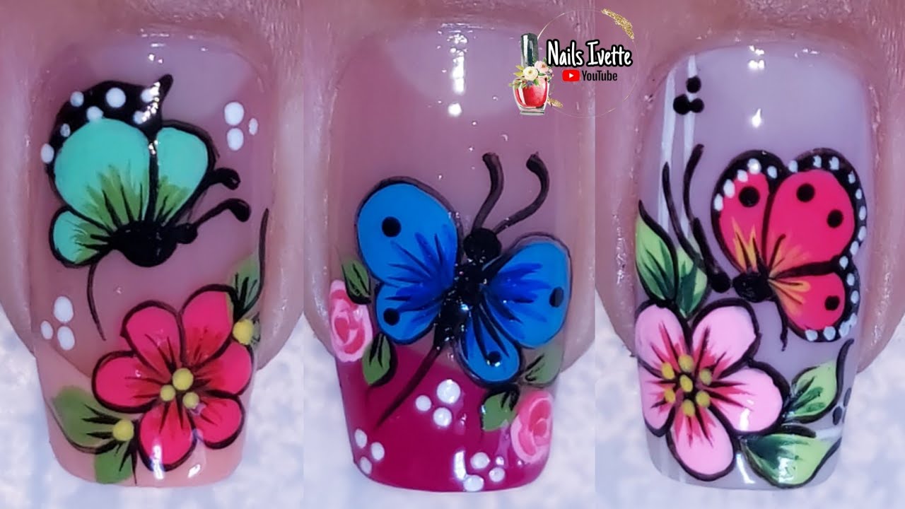3 Decoraciones de uñas con mariposas y flores/diseños de uñas flores y  mariposas/uñas paso a paso - YouTube