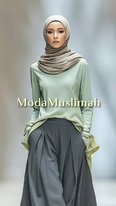 Gaya Hijab Hijau Muslim Malaysia: Tunik Sage   Celana Palazzo Abu-abu | Busana Kantor Sederhana #fashion