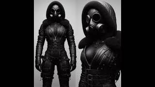 Beautiful Space Girl In A Black Leather Jumpsuit, Gas Mask And Hood. Creature Of The Future.