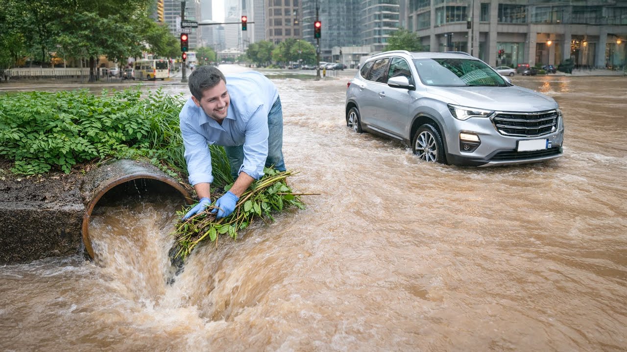 Storm Drain Unclogging Saves the Street From Flooding Drain Unclogging