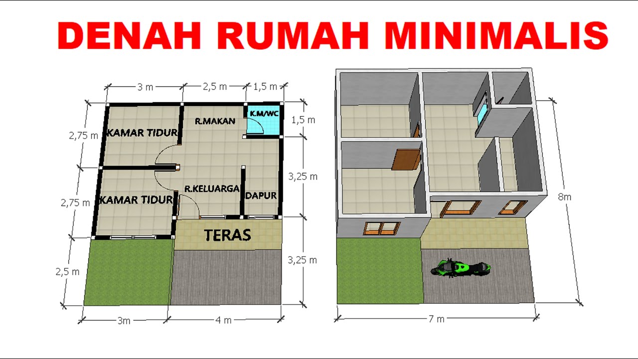 Denah rumah minimalis 2 kamar tidur 1 lantai ukuran 7x8 - YouTube - Denah Rumah 7 X 8 Meter