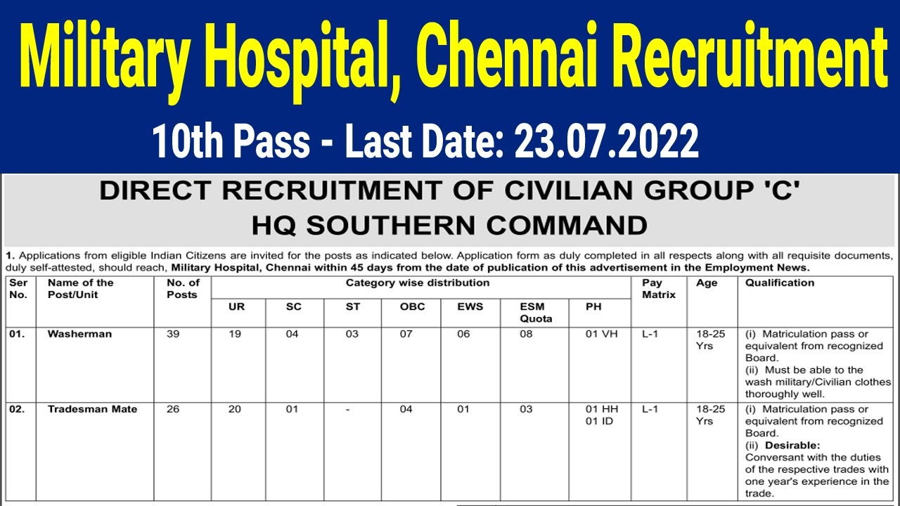 Military Hospital Chennai Vacancy 2022 - Southern Command Recruitment 2022 in Tamil