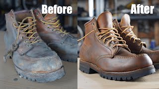 Cleaning the worn-out Red Wing boots worn while restoring a motorcycle.