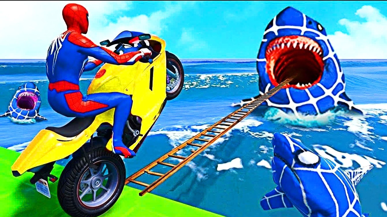 GTA V Epic New Stunt Race For Car Racing Challenge by Trevor and Shark | Spider-Man & Friends
